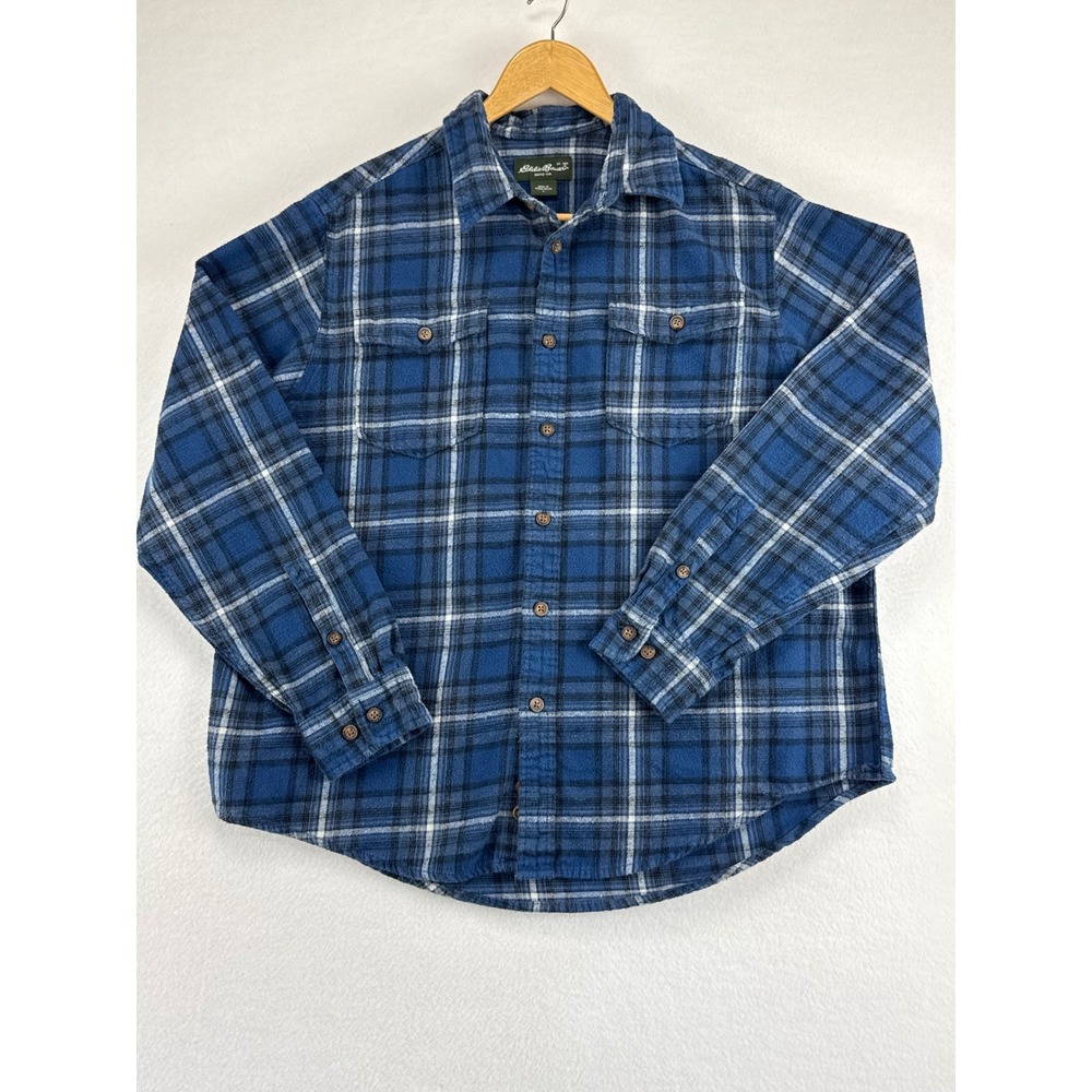 Eddie Bauer Flannel Shirt Mens Large Blue Plaid‎ Long Sleeve Cotton Button Down
